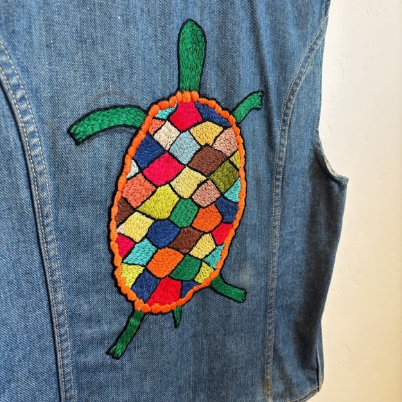Vintage 70s Turtle Kitschy Handmade Crewel Lee Denim Jean Vest Hippie OOAK - Picture 4 of 14